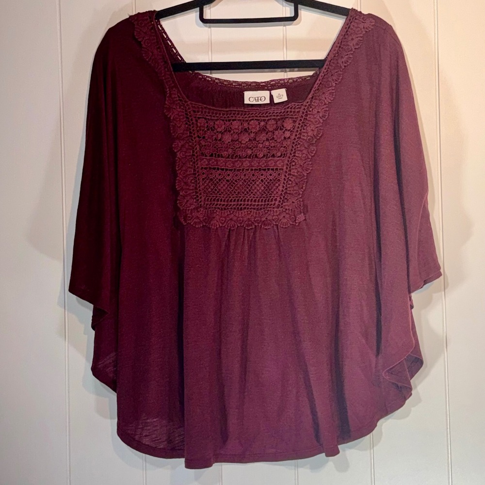 Cato Women XL Burgundy Crochet Lace Bib Top Short Sleeve Boho Blouse Wine
